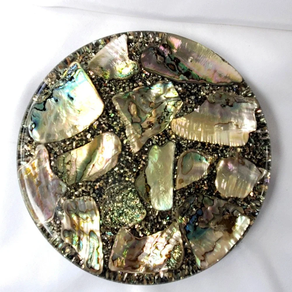 VTG Abalone Shell Round Trivet Black Base 8-Inch Handcrafted Betty's Shells